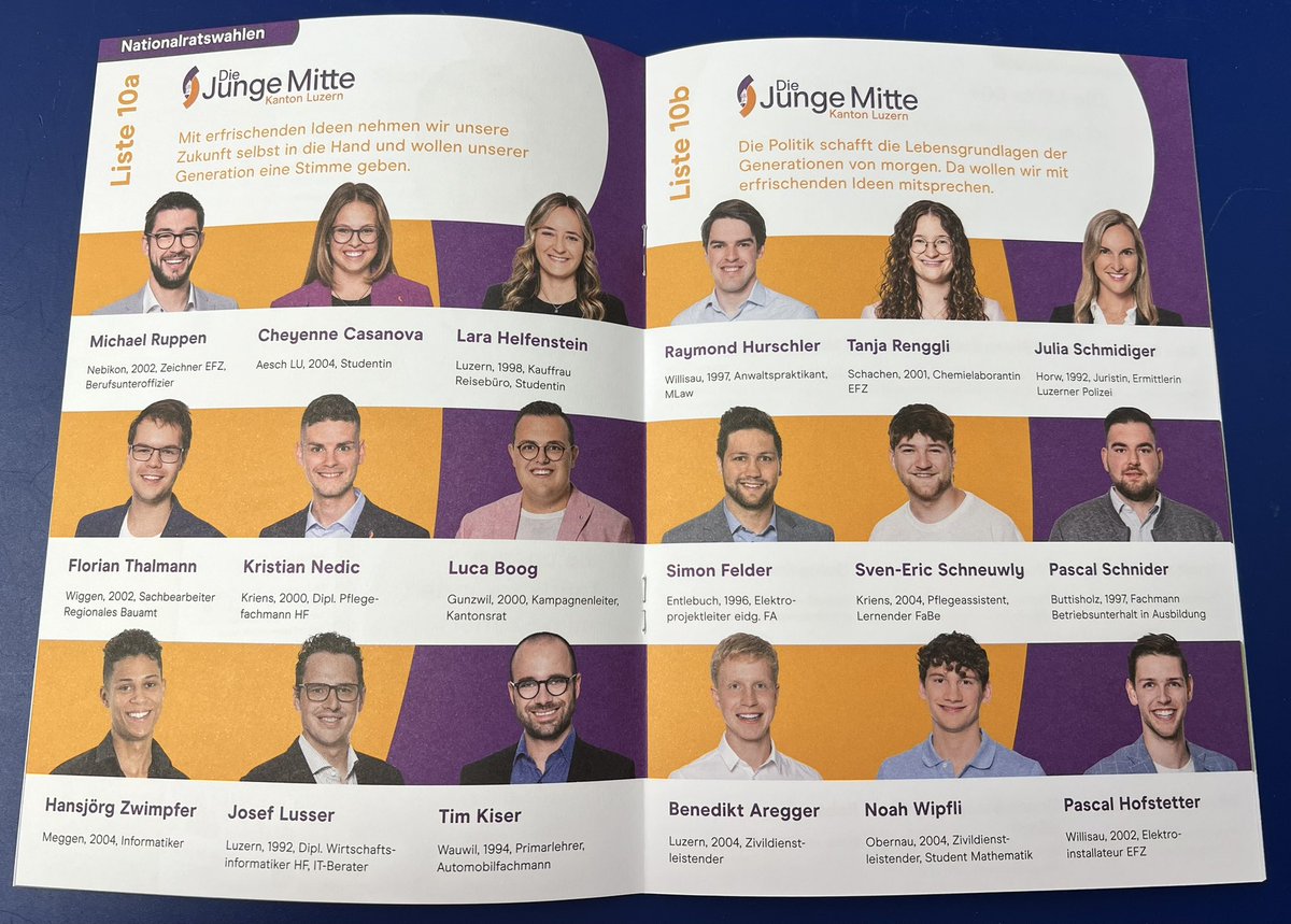 Heute habe ich das Tierbuch der <a href="/DieMitteLuzern/">Die Mitte Kanton Luzern</a> erhalten und bin einfach unglaublich stolz auf die 2 vollen Listen der <a href="/DieJungeMitteLU/">Die Junge Mitte Kanton Luzern</a> 🚀 Ob geographisch oder beruflich - wir sind super aufgestellt! Und das Durchschnittsalter der beiden Listen ist 23 🤩🧡🚀💪🏻