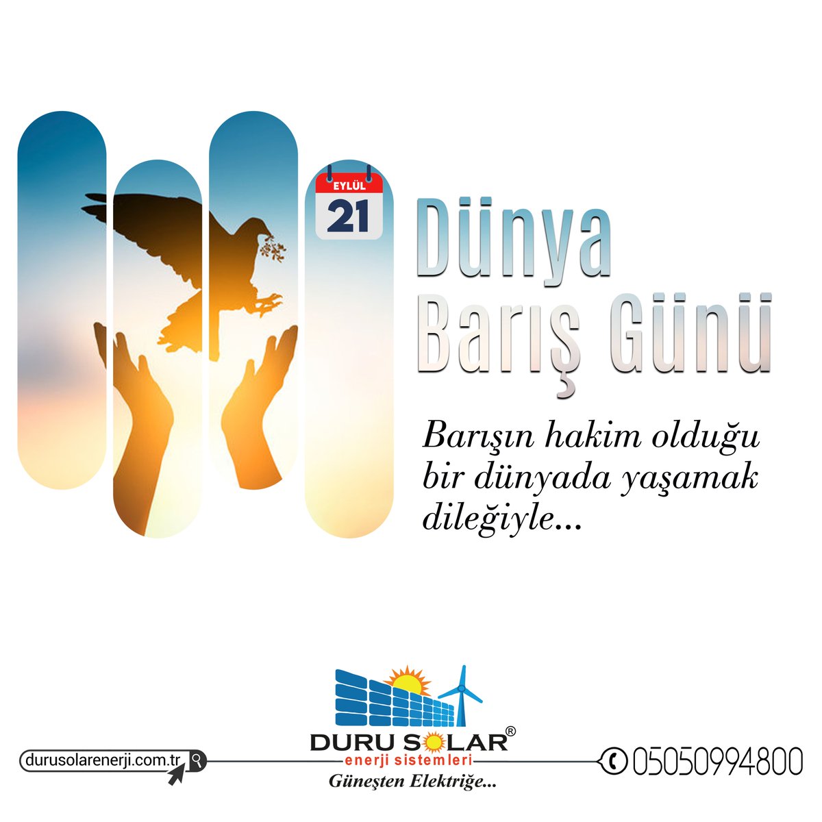 21 eylül Dünya Barış Günü - Barışın hakim olduğu bir dünyada yaşamak dileğiyle.
#solarenerji #solarpanel #güneşpaneli #gunesenerjisi #çatıges #ges #enerji #solarenerji #offgrid #ongrid #yaşam #photography #barış #dünya #life #peace #worldpeaceday #worldpeace #dünyabarışgünü