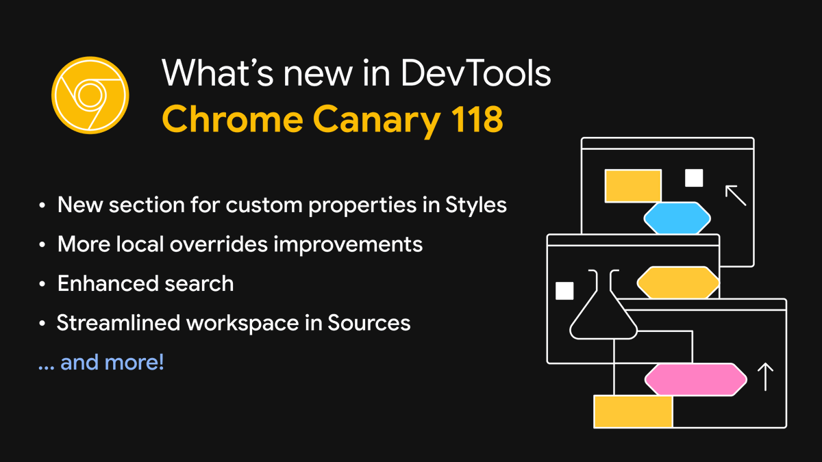 ChromeDevTools's tweet image. What's next in DevTools (Chrome 118)?
🪮 View CSS @ property
🎬 Filter overridden network requests
🔎 Enhanced search
... and more! Try them first in Chrome Canary.
developer.chrome.com/blog/new-in-de…