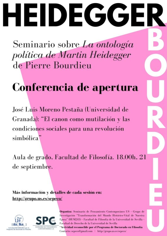 Nuestro compañero José Luis Moreno Pestaña imparte hoy la conferencia de apertura del "Seminario sobre la ontología política de Martin Heidegger de Pierre Bourdieu" en la Universidad de Sevilla <a href="/unisevilla/">Universidad de Sevilla</a> #FiloLab #FilosofíaSocial 

grupo.us.es/sepeco/seminar…