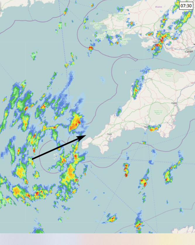 weather_kernow's tweet photo. Morning all if you are going out take your brolly with you some heavy showers showing on the radar #SWWS Jeff @piratefm @RewindCornwall https://t.co/KJgl6nWhLU
