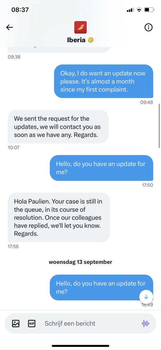 PaulienVDJ's tweet photo. Still waiting for my compensation of more than €1.600 from @Iberia and this is what I get when I ask for an update since my tweet last week (1/2) https://t.co/CqslHdZgFe