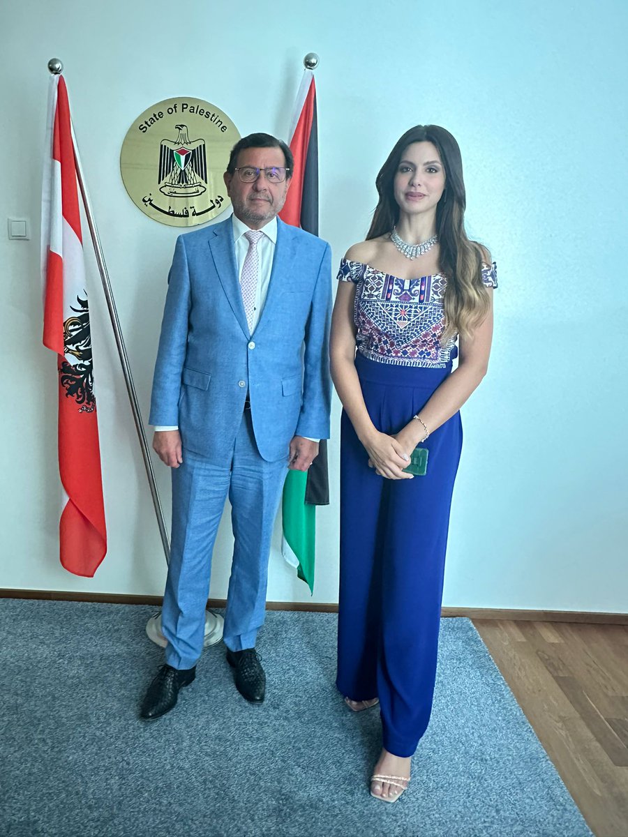 SalahAbdelShafi's tweet photo. It was my pleasure to receive #MissPalestine #MissEarth Nadine Ayoub. Nadine will represent #Palestine in @ICDOat #LongNightsOfInterculturality #Safeguardingdiversity @JosipaPalac https://t.co/AuhYle8era