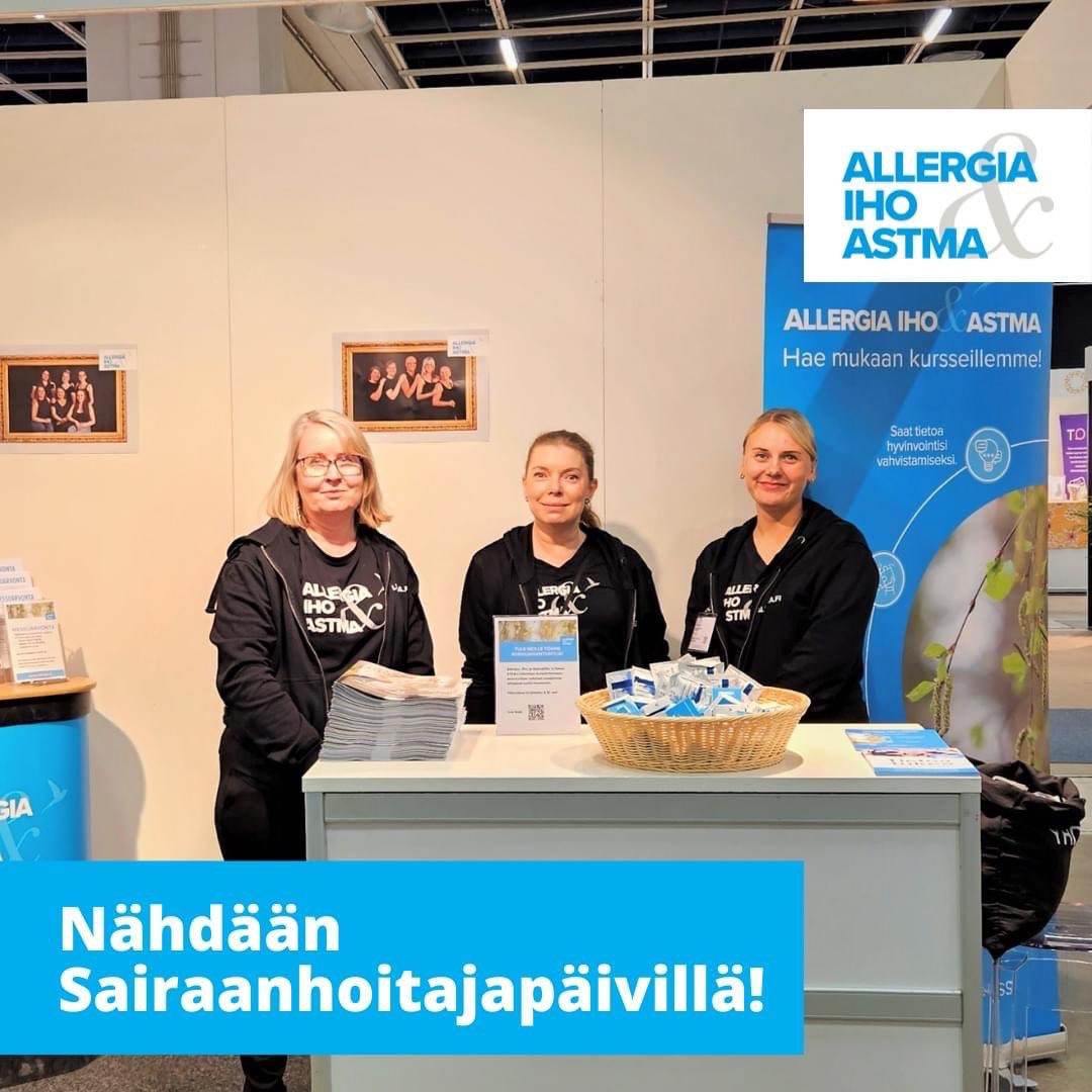 Tule tapaamaan meitä Sairaanhoitajapäiville! Kuulet kuulumiset kurssitoiminnastamme, tapaat allergia-, iho- ja astma-asiantuntijaamme, voit liittyä jäseneksi, osallistua messuarvontaan tai noutaa lehtemme.Helsingin Messukeskuksessa 21.-22.9. paikka 3h28. 
#sairaanhoitajapäivät