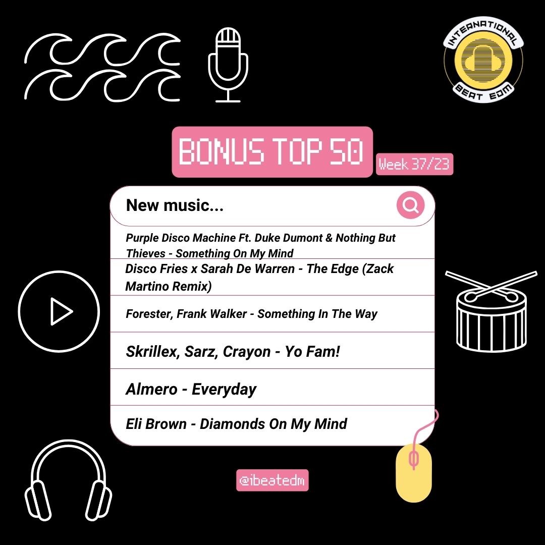 ibeatedm's tweet photo. #BonusTop50 - Semana 37 de 2023 // Week #37 - 2023 /// Favorite song? #NewMusic 🙌#ElectronicMusic #DanceMusic #EDM #Dance  /// Your donations &amp; support is appreciated -> https://t.co/fi0am1o574 https://t.co/rHrVjuksM0