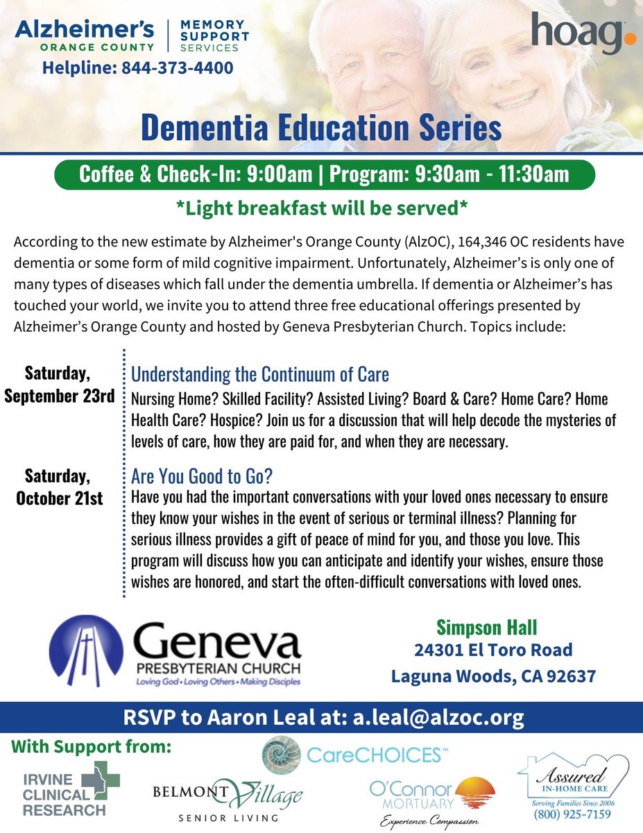 MoutonPatty's tweet photo. This Saturday!
Join us at Geneva Presbyterian Church Sat. 9/23.
Healthcare &amp; long term care can be complicated and confusing. We’ll be talking about the Continuum of Care… dispelling the mysteries of levels of care, and who pays for what. Join us! 
RSVP a.leal@alzoc.org https://t.co/8fsTCNhzXl