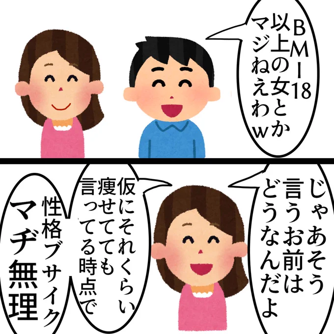 ちなみに身長-100(ブローカ指数)でも欧米人を対象にした物なので日本人には合ってないし、

そもそもこういう計算方法は
体組成計の無い大昔に作られた基準なので
鵜呑みにしてはならない

◆SNSで流行「身長マイナス体重」の注意点 標準体重の〝無理ゲー〟 
https://t.co/oaseE6R32L 