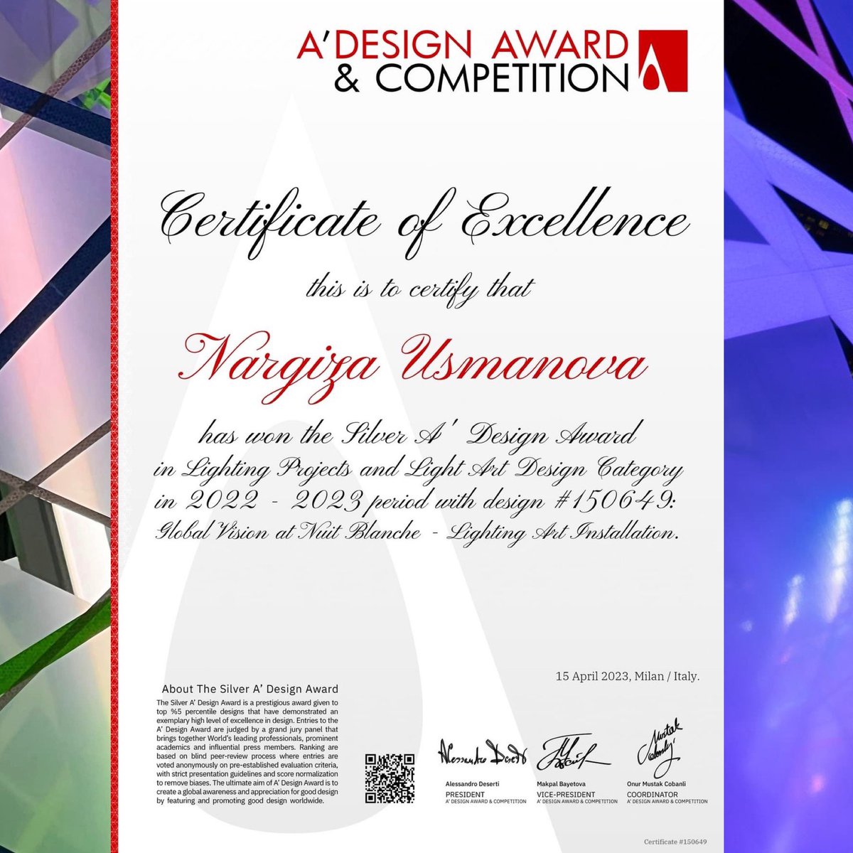 NargizaUS's tweet photo. Proud that our project “Global Vision” at NBTO22 is a Silver A’Design Award Winner 🏆 in Light Projects and Light Art Design Category, 2022-2023. Congratulations and big thanks to all supported partners 🤝
#GVALighting #nargizaus #transamcarriers #nbto22 #belaruscanada #bca #art https://t.co/icosnptCww