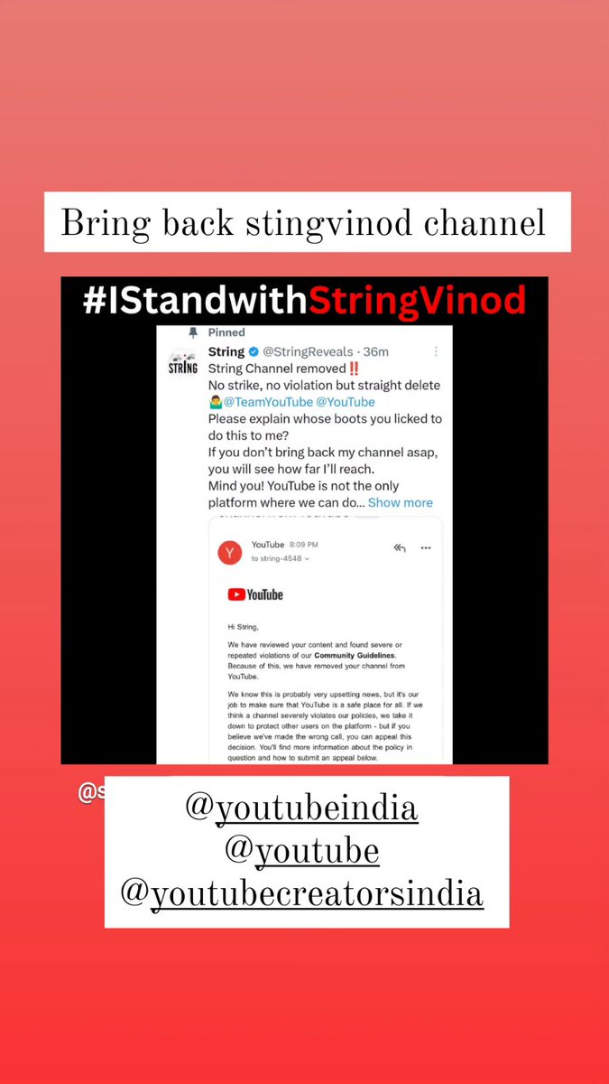 nareshbabu53542's tweet photo. #WeStandwithStringvinod
@YouTube @YouTubeIndia @YTCreatorsIndia @youtubemusic @YouTubeGaming @YouTubeFanfest @YTAdvertisers @YouTubeTV
#YouTube
#boycottyoutubeinindia
#boycottyoutube https://t.co/Vq652EGI61