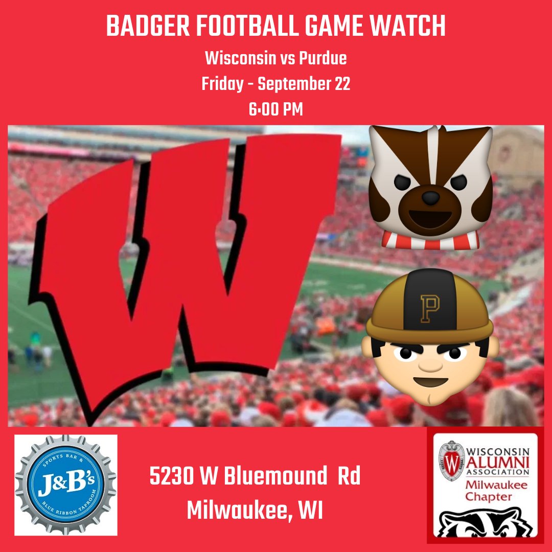 mkebadgers's tweet photo. Join Badger fans and Alumni for a Badger Football game watch Friday September 22, 6:00 PM at J &amp; B's Blue Ribbon Pub 5230 W Bluemound. (Fish Fries available)
#MKEBadgers #UWFootball https://t.co/VLw6tgz9ys