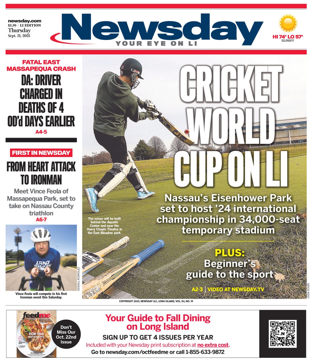 Newsday's tweet photo. Leading @Newsday's Thursday cover: Cricket World Cup on LI: Nassau's Eisenhower Park set to host '24 international championship in 34,000-seat temporary stadium. The tournament will also be held at venues in Texas, Florida and the West Indies. https://t.co/r0019QG5PY https://t.co/lbPJlcRK6x