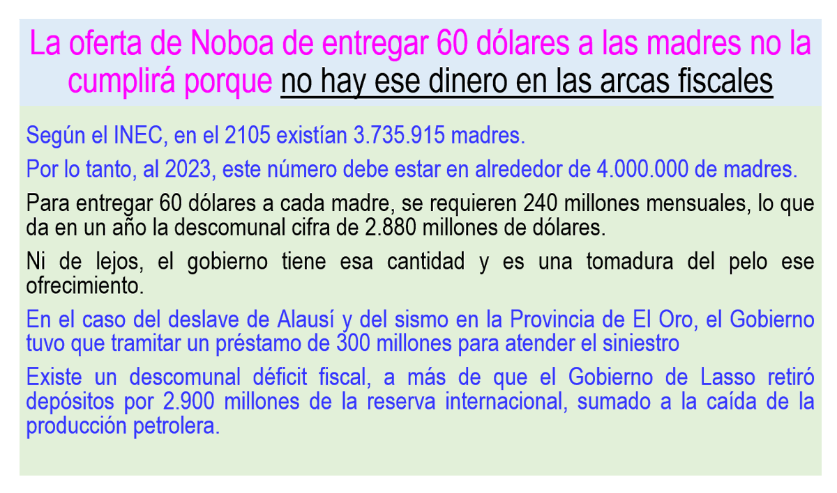 Noboa sabe que cae en picada, por eso es que empieza a ofrecer cosas imposibles, siendo que NO las podrá cumplir. NO TE DEJES SORPRENDER POR ESTA INOCENTADA.