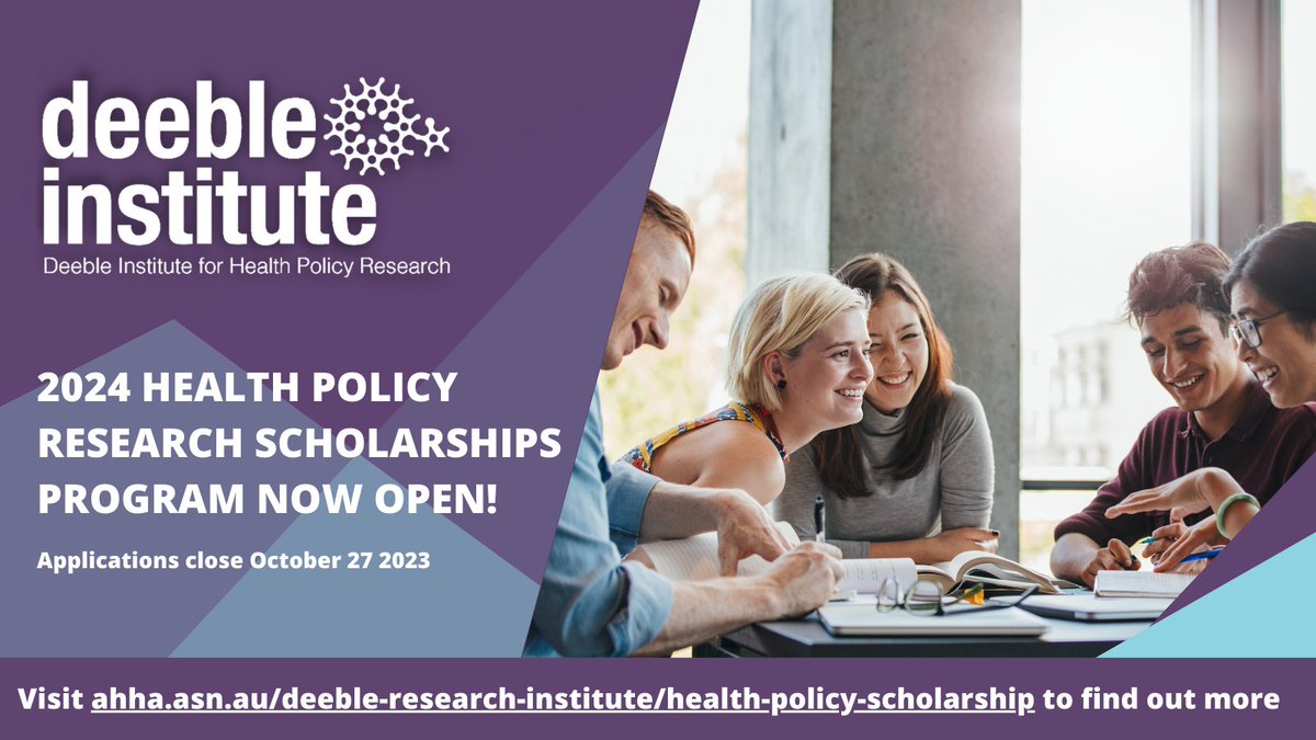 The Deeble Institute for Health Policy Research Scholarship Program is now open! If you want to make a difference across the healthcare system, this could be the opportunity for you. Find out more and apply online: ahha.asn.au/deeble-researc…