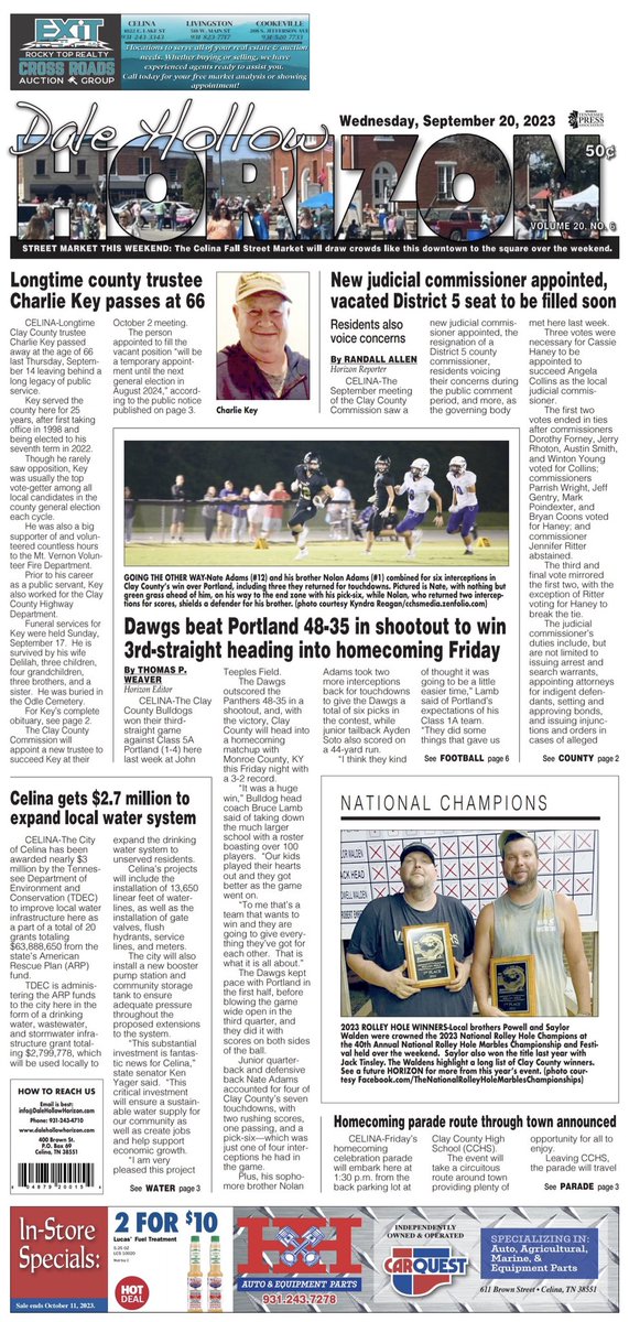 There’s a lot going on in Clay County &amp; the Dale Hollow Horizon has it covered.

From local government updates to a National Championship being won, and anything in between—including the <a href="/claycountydawgs/">CCHS</a> hosting homecoming Friday—it can all be found inside this week’s newspaper!