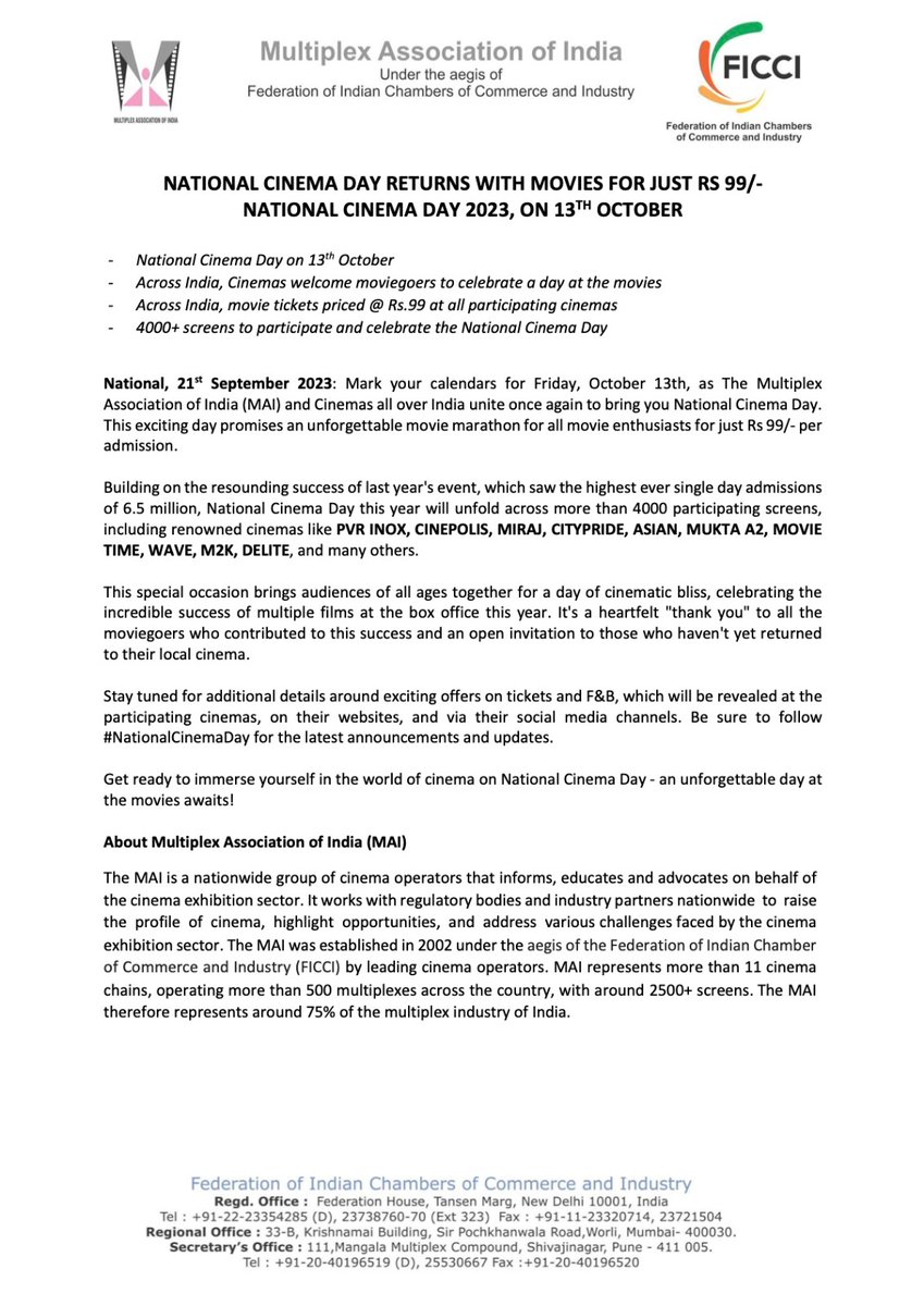 MAofIndia's tweet image. National Cinema Day is back on October 13th. Join us at over 4000+ screens  across India for an incredible cinematic experience, with movie tickets priced at just Rs. 99. It's the perfect day to enjoy your favorite films with friends and family. 
#NationalCinemaDay2023 #13October