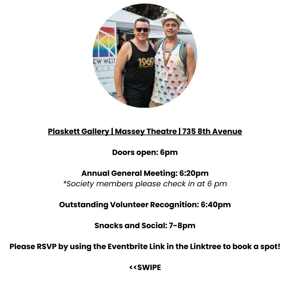 VOLUNTEER APPRECIATION CELEBRATION AND AGM
THURSDAY 28 SEPTEMBER 

Join us for an evening to celebrate New West Pride’s amazing volunteers and everyone who helped make this year’s festival a success!
