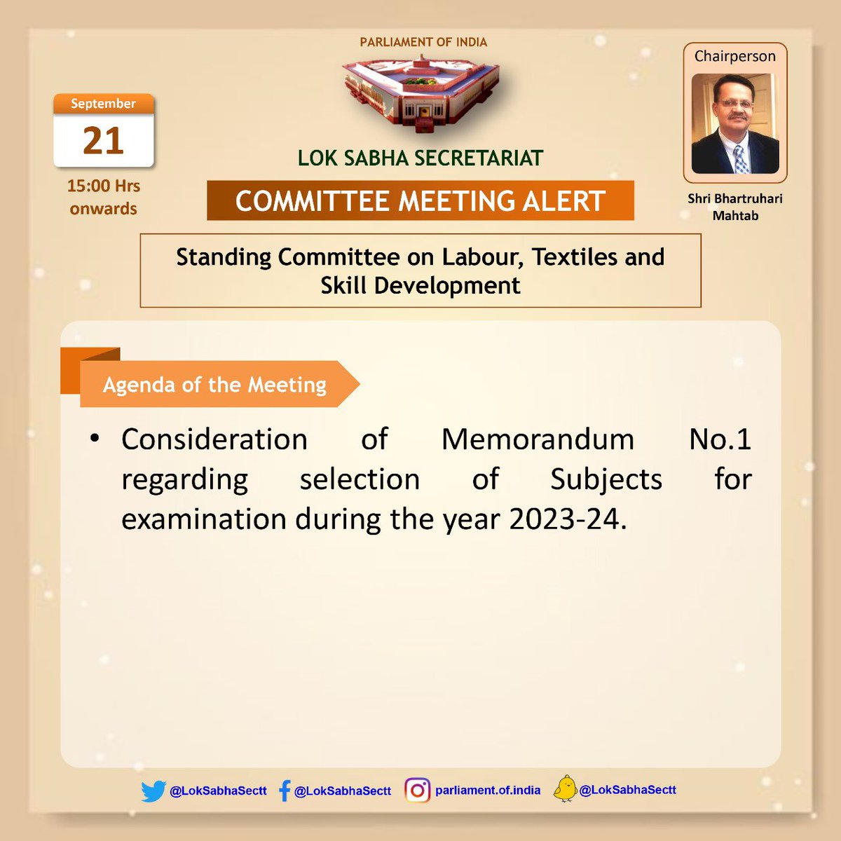 LokSabhaSectt's tweet photo. The Committee on Labour, Textiles & Skill Development is scheduled to meet today to consider & adopt Memorandum No. 1 regarding selection of subjects for examination by the Committee during the year 2023-24.
#CommitteeMeetingAlert #LokSabha https://t.co/9DSOHAW6Ld