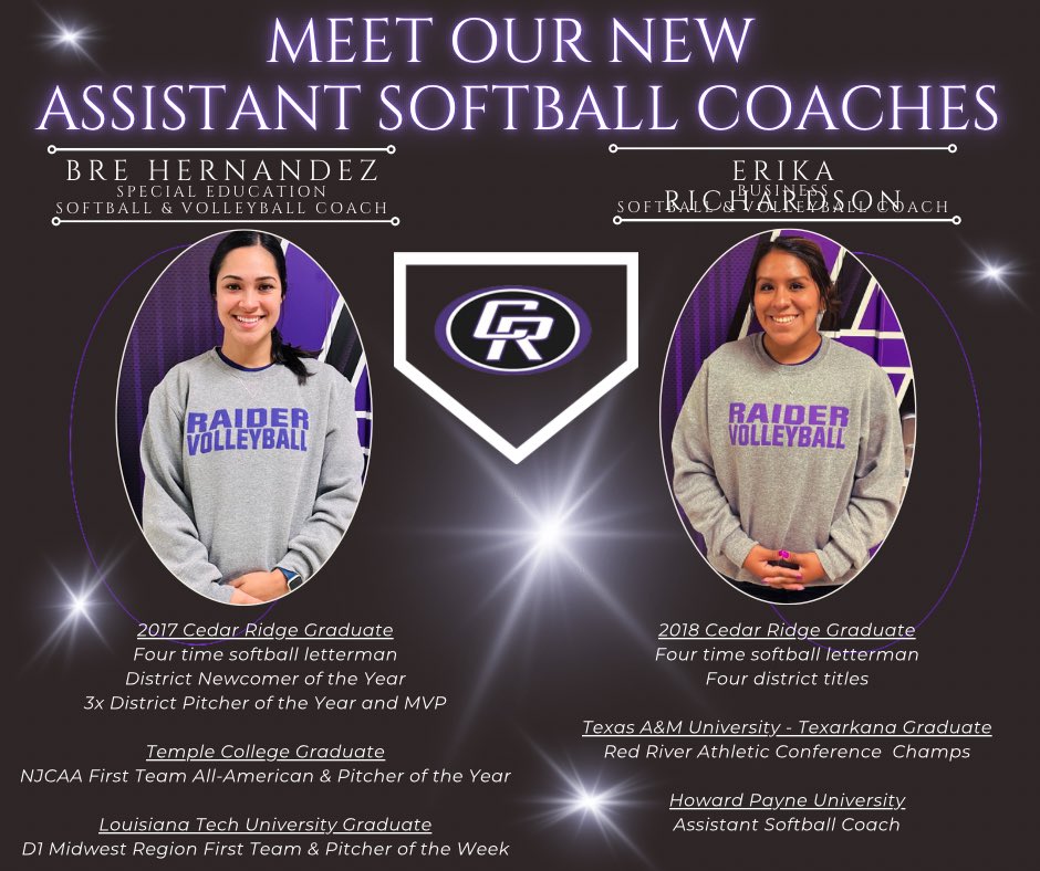 Not only do we have a new head coach this year…we also have two new assistant coaches that just happen to be CEDAR RIDGE ALUMNI!  A big welcome to Coach Hernandez and Coach Richardson. We are excited about the upcoming season! 💜🖤🥎#weareCR <a href="/CedarRidgeHigh/">CRHS</a> <a href="/LadyRaiderAth/">Lady Raider Athletics</a>