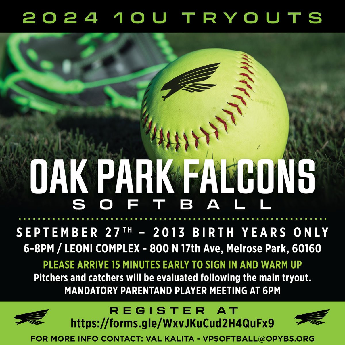 Attention 2013 birth year softball players— 10U Falcons tryouts are on September 27th from 6-8pm.  🥎
Register here: forms.gle/WxvJKuCud2H4Qu…