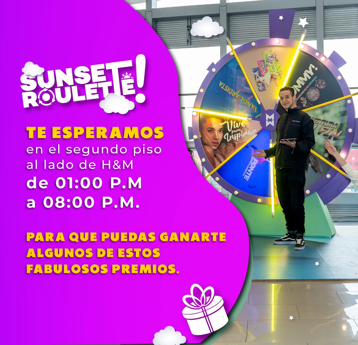 Activa tu energía con la categoría Ponte en Movimiento' en Sunset Roulette 🏃‍♂️💪 Cada giro te acerca a una vida activa y llena de vitalidad. 
¡Prepárate para disfrutar de un nuevo nivel de salud y energía! 
#SunsetRoulette  #Multiplaza