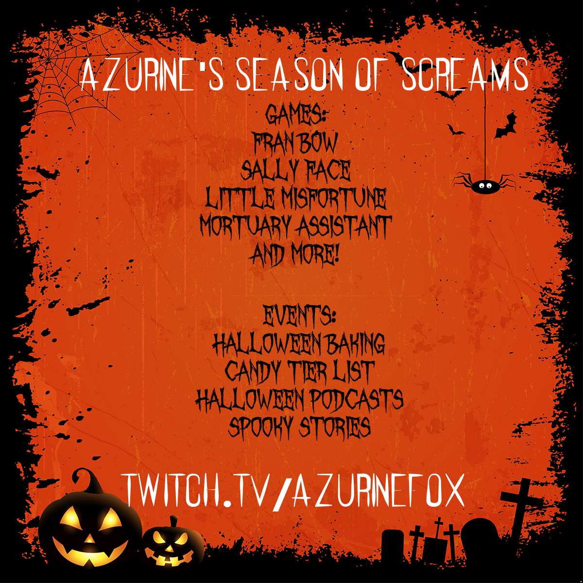 YOU GUYS SHOULD TUNE INTO THESE!!!

#Halloween2023 #streamer #twitch #seasonofscreams #franbow #littlemisfortune #sallyface #mortuaryassistant