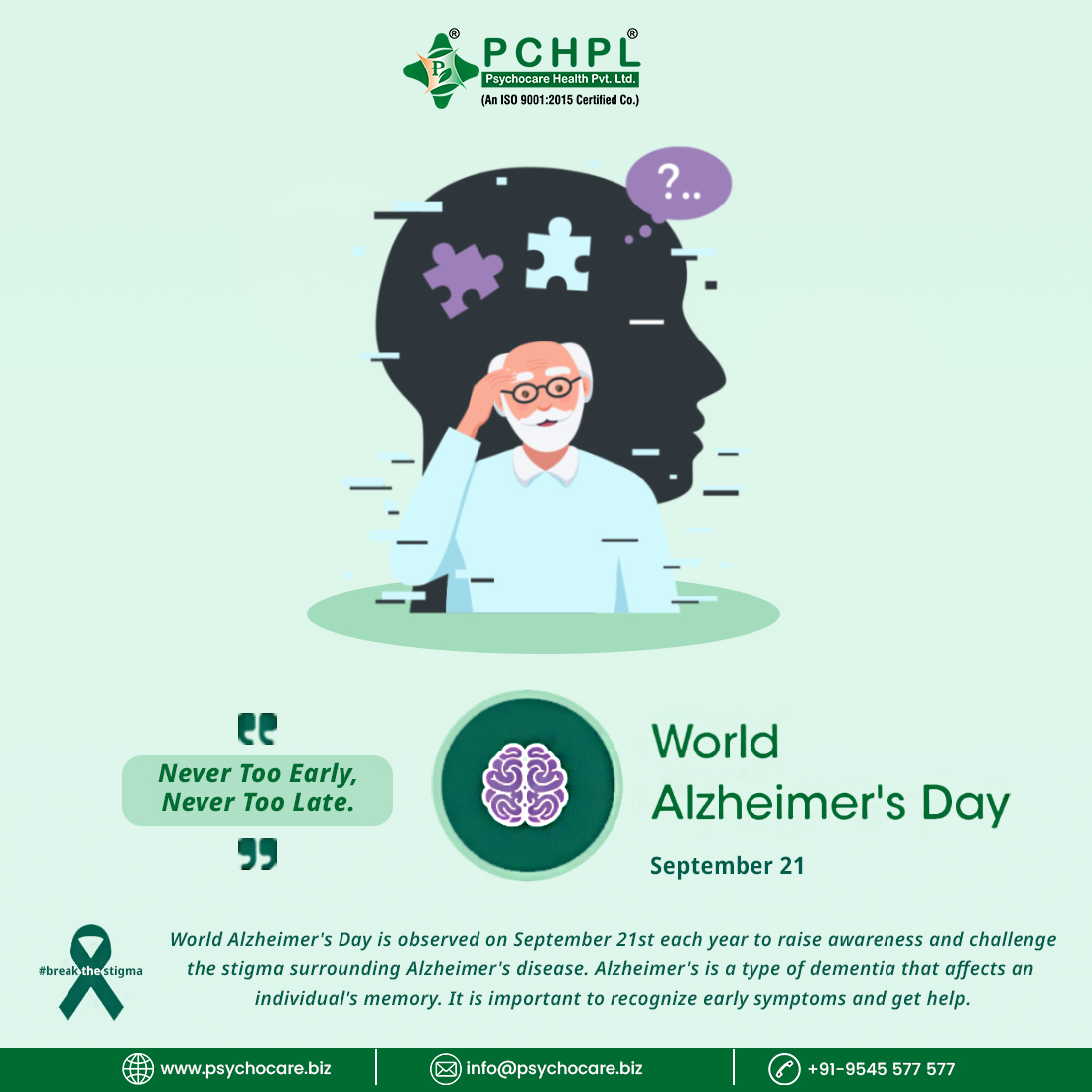 Empower yourself with knowledge about Alzheimer's—it's never too early to learn, and it's never too late to act. Together, we can make a difference. #NeverTooEarlyNeverTooLate #WorldAlzheimersDay #AlzheimersAwareness #supreetsingh  #PhdchamberofCommerce #CancareInc #pchpl