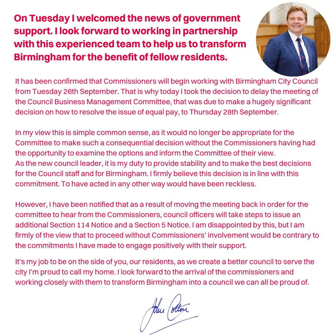 A statement from the Leader of Birmingham City Council, Councillor John Cotton.