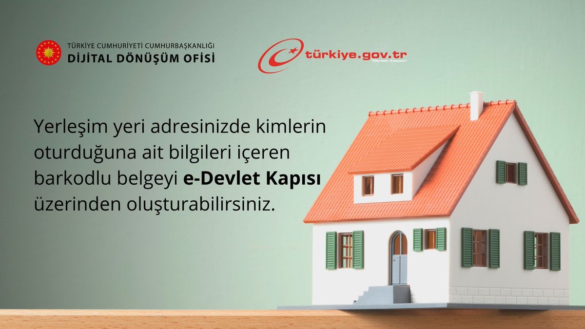 Yerleşim yeri adresinizde oturan kişilerin listesini içeren barkodlu belgeyi e-Devlet Kapısı üzerinden oluşturabilirsiniz.
👉 <a href="/TC_icisleri/">T.C. İçişleri Bakanlığı</a> <a href="/TCNufus/">Nüfus ve Vatandaşlık İşleri Genel Müdürlüğü</a> <a href="/dijital/">Dijital</a>
🔗 ddo.link/ikamet
#DijitalTR #edevlet