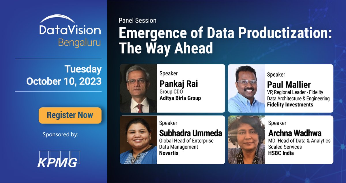 edmcouncil's tweet photo. Register for #DataVision India at the JW Marriott, Bengaluru with our host @KPMGIndia on October 10 > Our first panel discussion will focus on the "Emergence of #DataProductization: The Way Ahead”. Reserve your spot now for this premier event: https://t.co/VYoP8jyytQ https://t.co/MB9L9cjpif
