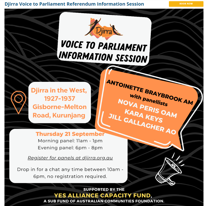 TONIGHT!  
Come to learn about the Voice to Parliament at a free and open Information session with special guests in Melbourne's West. Be there or be square, at Djirra in the West, 1927-1937 Gisborne-Melton Road, Kurunjang, 6PM.
@DjirraVIC
@BraybrookA
#VoiceTreatyTruth