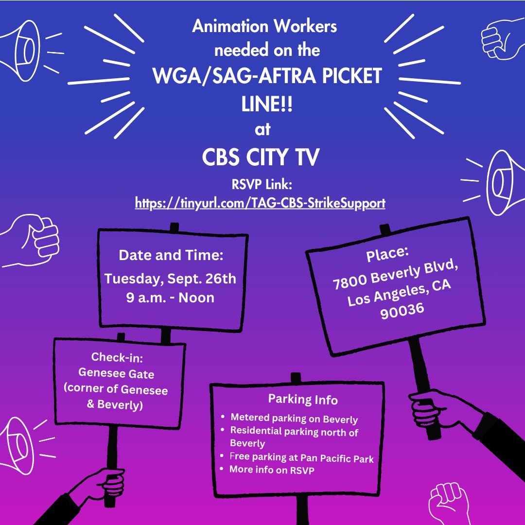 I am co-leading an #animation event next Tuesday! If your a union member please come through and RSVP at: 
tinyurl.com/TAG-CBS-Strike…
#animationguild #animationworkers #picketing #picketingevent #wga #sagaftra #picketingsupport #workersunite #union #unionpower #spreadtheword