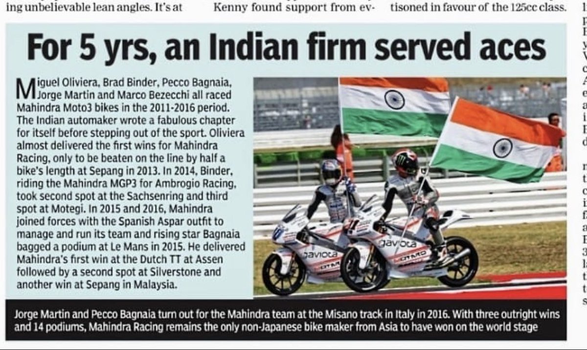 anandmahindra's tweet photo. On the eve of the first Indian MotoGP thank you, Adil Jal Darukhanawala for recalling with pride our adventures in Moto3. Yes, our Team, Mahindra Racing, was the first ‘karmabhoomi’ for the top stars of MotoGP today. Thank you Muffadal Choonia for being our Team leader and recognising the talent of these stars. We touched the sky, and showed it can be done…. 
And welcome to India @MotoGP Your tribe awaits you…
