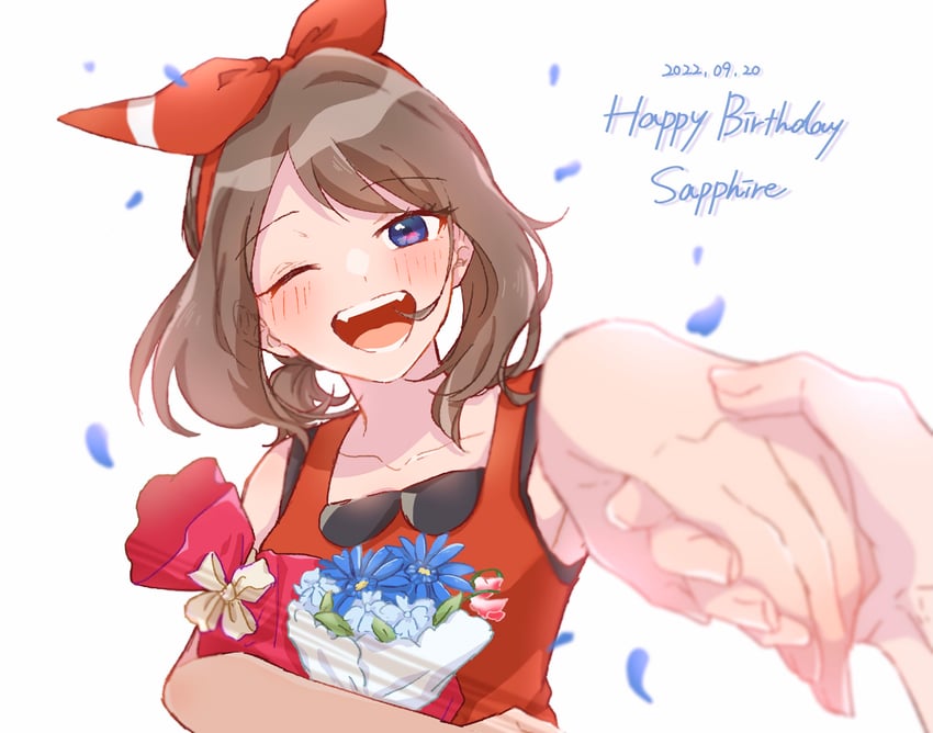 Charmer_Ruby's tweet photo. " Happy Birthday, May! Here's these blue flowers that resemble the gem that reflects your beauty. They so happen to be your birth gemstone too. My Sapphire~. "

Brendan blushes as he hands May the bouquet while taking her Hans.
@aMAYzinSapphire https://t.co/kcdknYUPqo