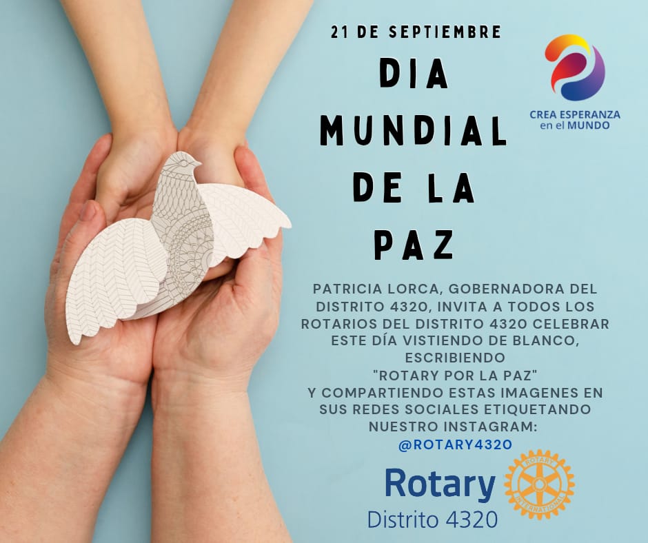 RotaryStaLaura's tweet photo. 21 de Septiembre Día Internacional por la Paz....Comparte con nosotros y Crea Paz y Esperanza en el mundo.....SEAMOS PAZ!!!
@Rotary @RotaryES @gordonmcinally #creaesperanzaenelemundo #Paz @Rotary4320 https://t.co/RaU11pclh0