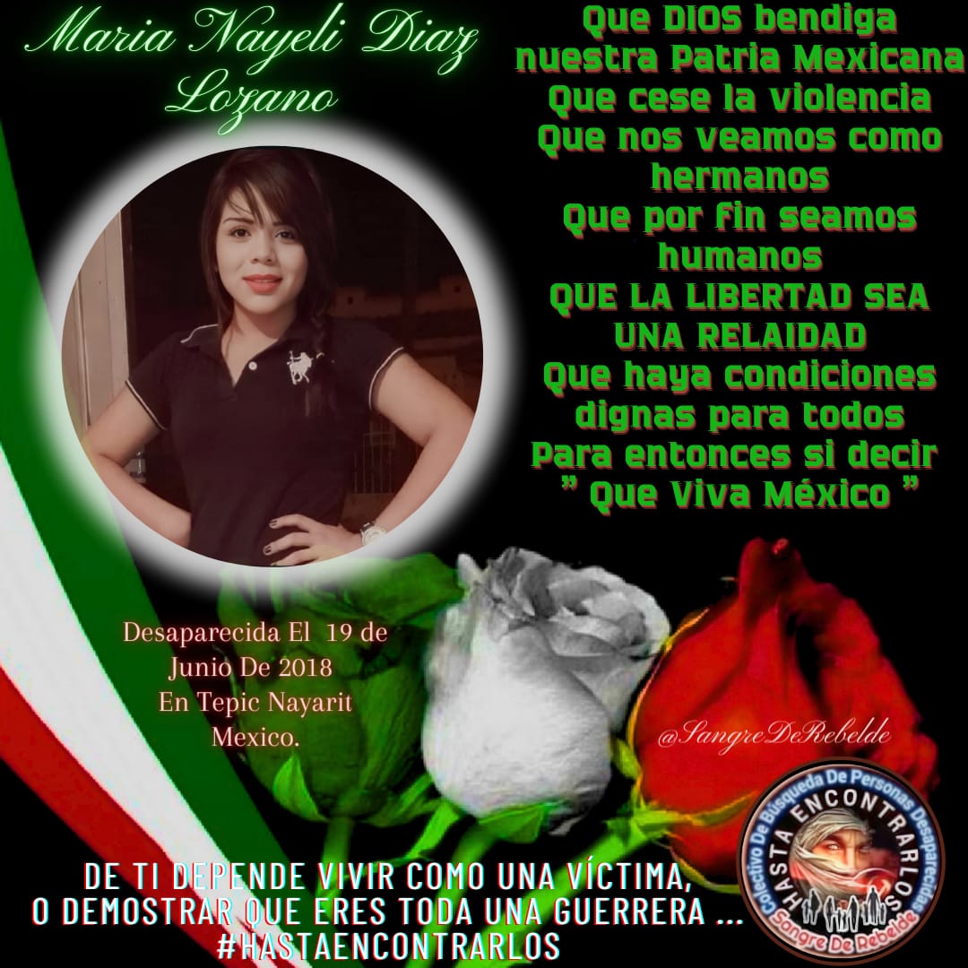 #TeBuscamosMariaNayeliDíazLozano
#Desaparecida el 19/06/2018 
En #Tepic  #Nayarit  #México🇲🇽 
Vía <a href="/Gabriel59092839/">Gabriela Diaz</a> 
#RTsSolidarios 
<a href="/sangrederebelde/">🇲🇽 Colectivo De Búsqueda SangreDeRebelde🇲🇽</a>