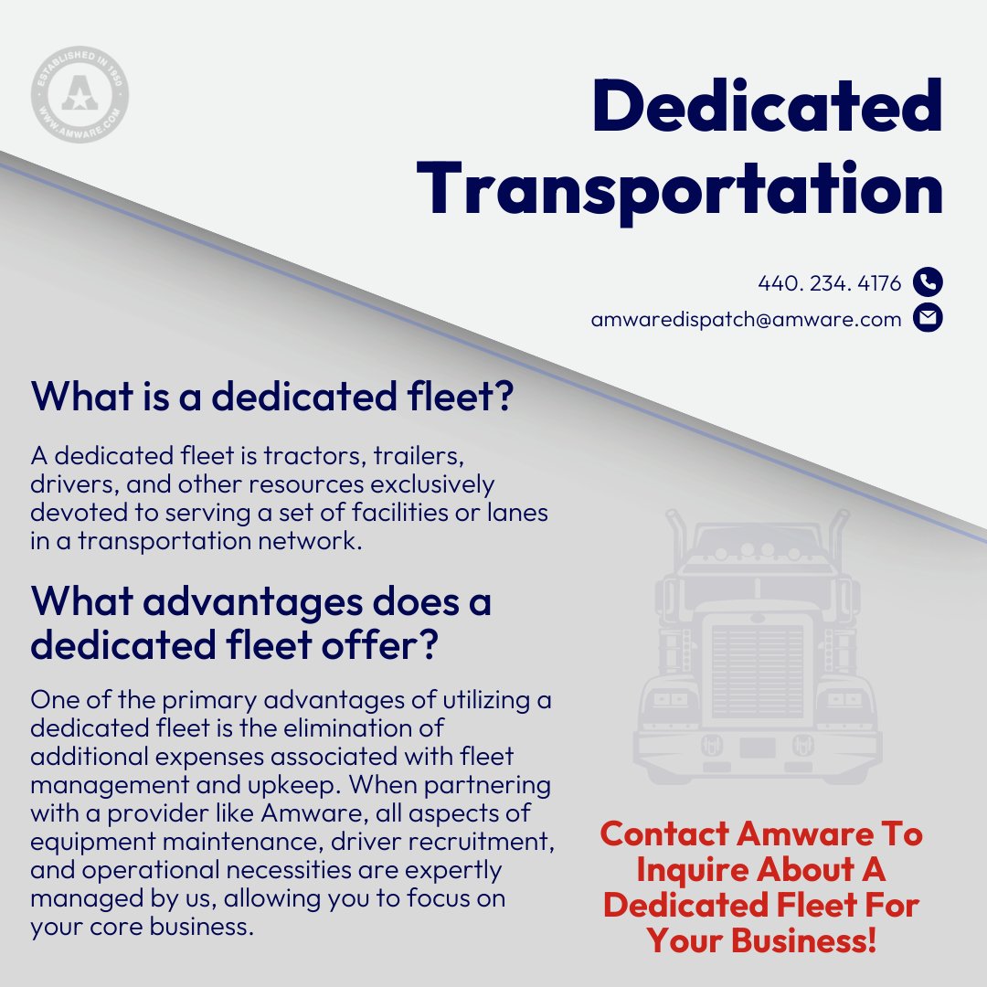 AmwareCompanies's tweet photo. Have you considered the incredible advantages to a dedicated fleet? Imagine the confidence of having a fleet exclusively at your service, ensuring on-time deliveries, reduced transit times, and optimized routes.

#dedicatedtransportation #supplychainsolutions https://t.co/DboTOkkiSm