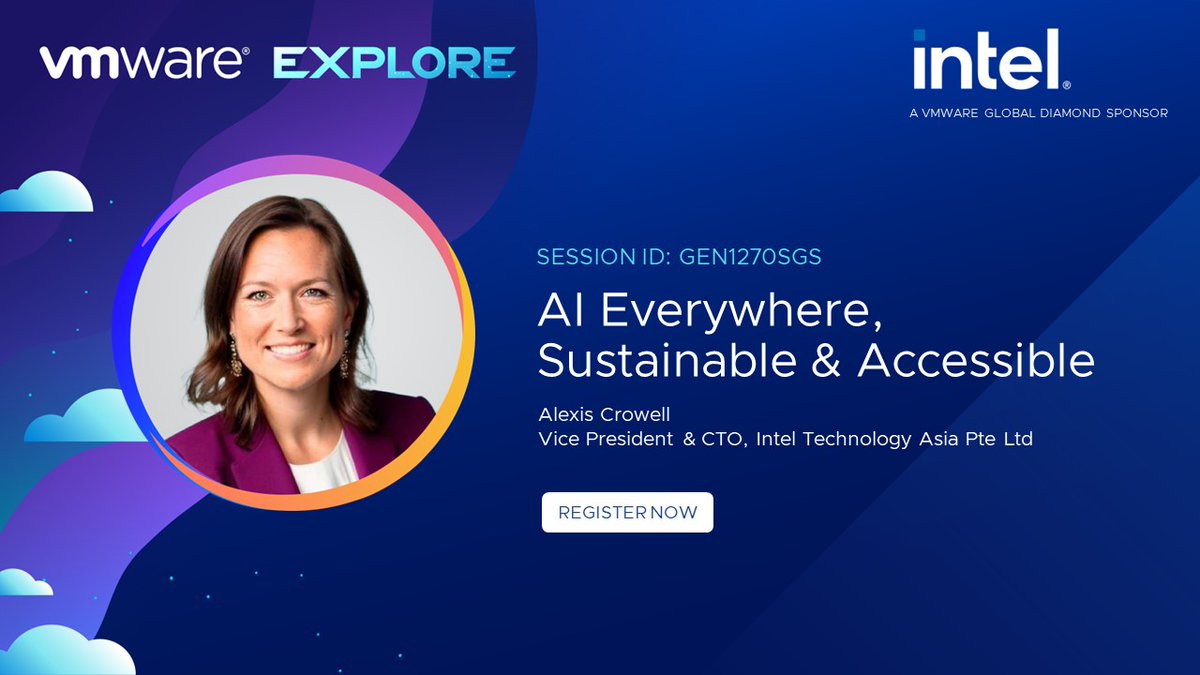 Alexis Crowell from Intel will be delivering her keynote “AI Everywhere, Sustainable and Accessible” at #VMwareExplore 2023 Singapore.

Don’t miss! Register now - event.vmware.com/flow/vmware/ex…