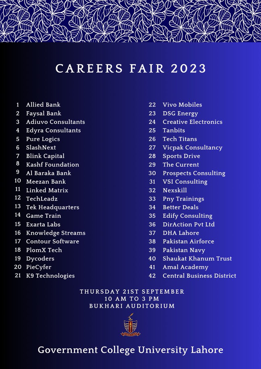 Prof Dr Asghar Zaidi (@zaidia) on Twitter photo We welcome 50+ companies to GCU Careers Fair 2023 today on Thursday 21st September, 2023, 10am to 3pm at Bukhari Auditorium <a href="/gcuniversitylhr/">GC University Lahore</a>
All students welcome to get a sense of your future employers and skills required. and Look forward to GCU departments and students We welcome 50+ companies to GCU Careers Fair 2023 today on Thursday 21st September, 2023, 10am to 3pm at Bukhari Auditorium <a href="/gcuniversitylhr/">GC University Lahore</a>
All students welcome to get a sense of your future employers and skills required. and Look forward to GCU departments and students