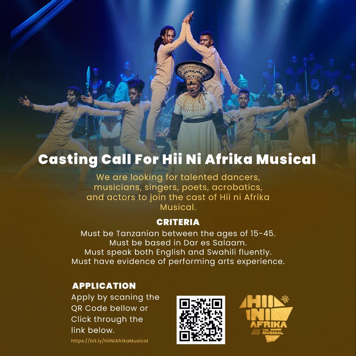 Get a chance to be part of one of the most revolutuonary theatre performance that has ever happened in Tanzania, Hii Ni Afrika Musical. 

Apply now through scanning the QR Code or Click through the link below: bit.ly/HiiNiAfrikaMus…

#HiiNiAfrikaMusical #TanzaniaToTheWorld