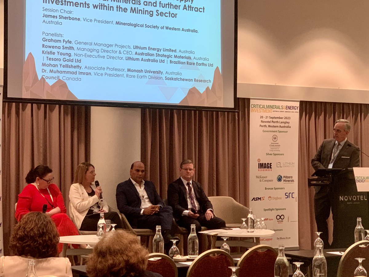 High powered panel discussion on navigating supply chains & attract investment with insights from Australia 🇦🇺& Canada 🇨🇦at Critical Minerals & Energy Investment Conference in Perth with speakers from @LithiumAus @SRCnews @ASM_aus @LithiumEnergy_