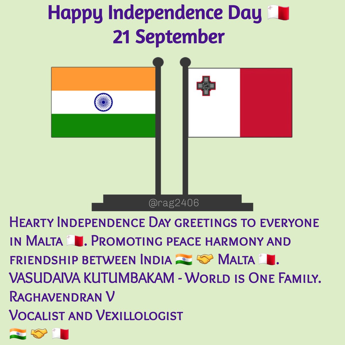 Happy Independence Day to everyone in Malta 🇲🇹. Vasudaiva Kutumbakam - World is One Family
🇮🇳🤝🇲🇹
#Malta #IndependenceDay
@rashtrapatibhvn @VPIndia @narendramodi @PMOIndia @DrSJaishankar @M_Lekhi @MaltaGov @presidentmt @MFETMalta @RobertAbela_MT @MinisterIanBorg @reubengauci1976