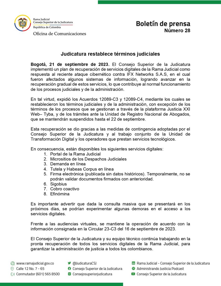 #Atención | El <a href="/judicaturacsj/">Rama Judicial</a> expidió los Acuerdos 12089-C3 y 12089-C4, mediante los cuales se restablecen los términos judiciales y de la administración, con excepción de los términos de los procesos que se gestionan a través de la plataforma Justicia XXI Web- Tyba, y👇