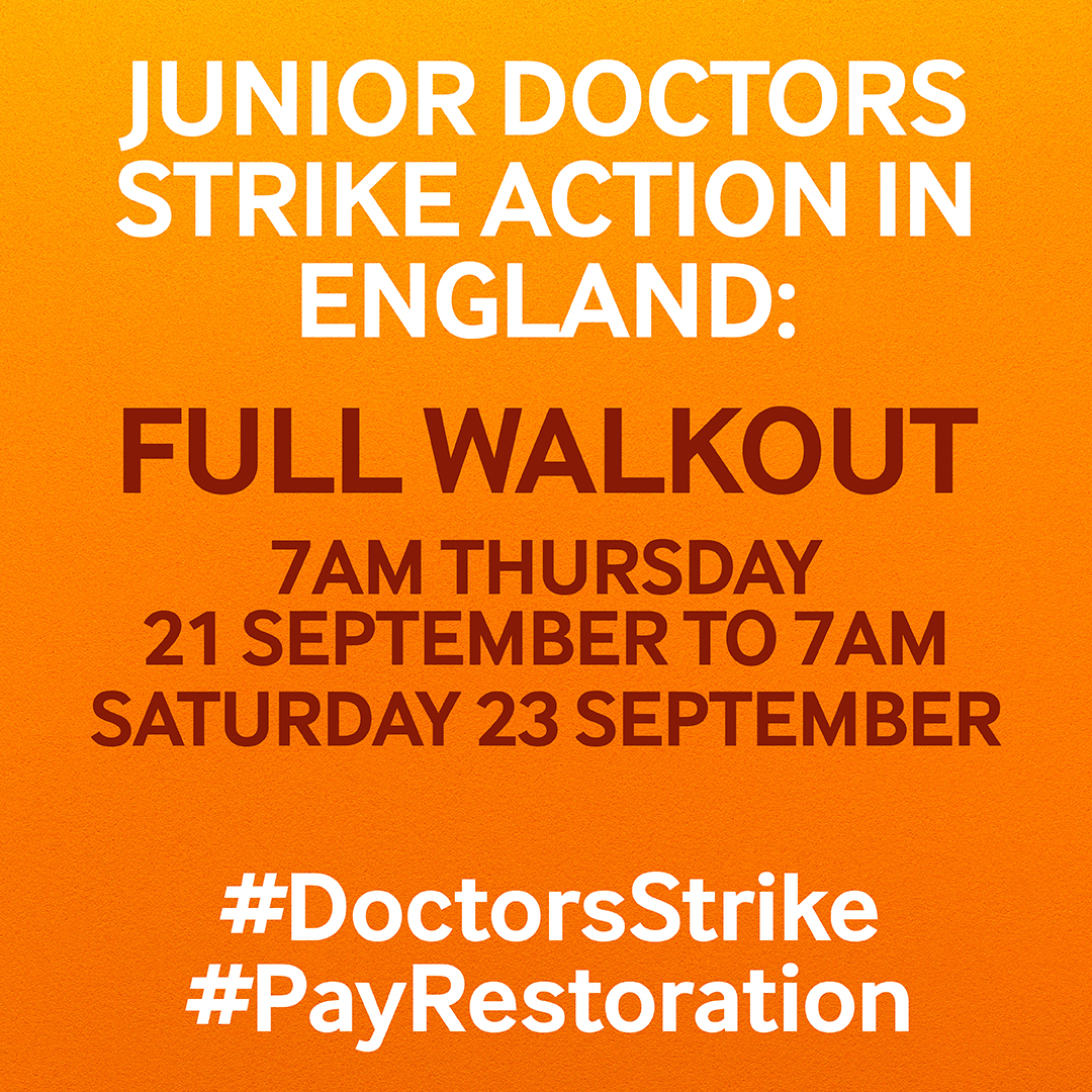Today we take industrial action in the form of a full 48 hour walk out from 7am (Thursday 21 September ) until 7am Saturday 23 September. Don't go to work, join a picket line and show the Government we continue to fight for #PayRestoration
 bma.org.uk/our-campaigns/…