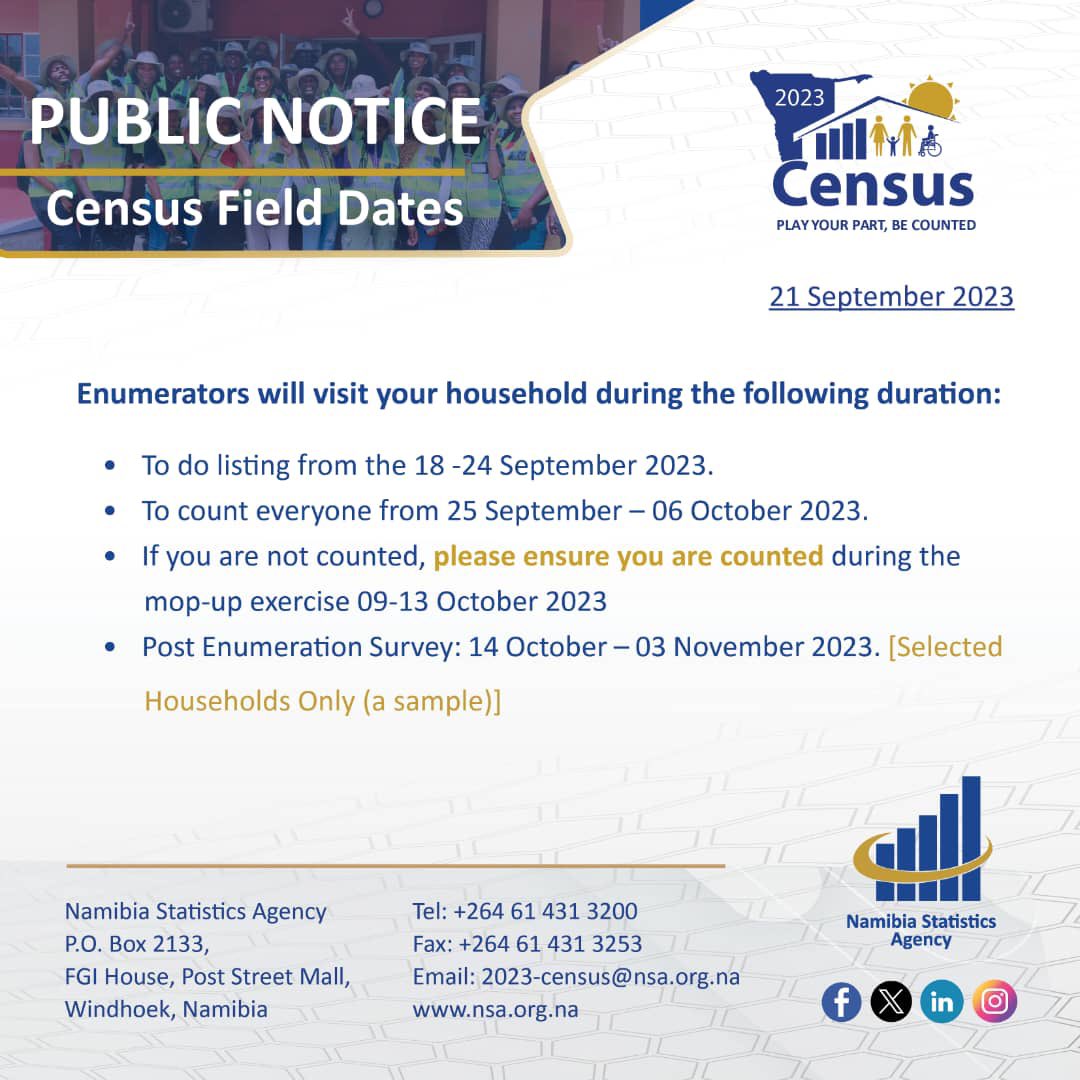 ❗️CENSUS FIELD DATES❗️

Census enumerators are on duty and it’s important that the public takes note of the field dates below. 

#2023phc #BeCounted #statistics #PlayYourPart