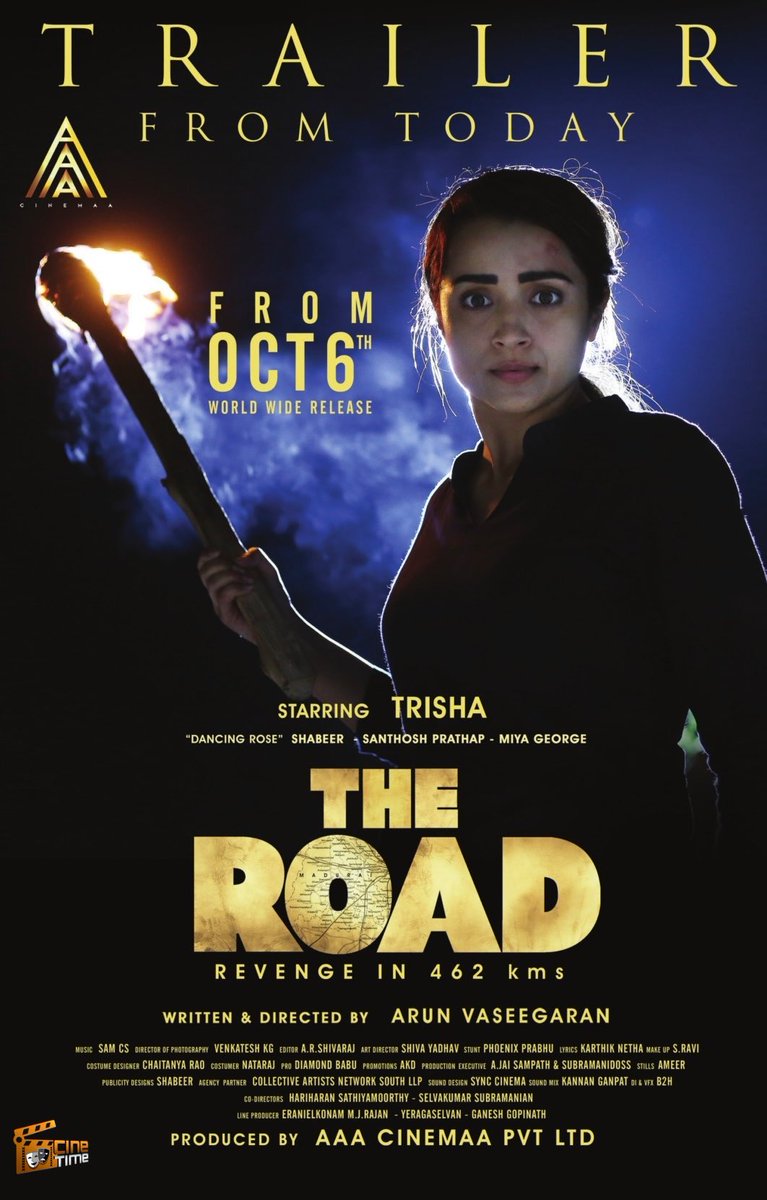 #Trisha starring #TheRoad trailer from 6PM🔥✨

⭐ Trisha - Dancing Rose Shabeer - #SanthoshPrathap - #MiaGeorge
🎵 #SamCS (Kaithi)
🎬 Arun Vaseegaran (Debut)

In theatres from OCTOBER 6