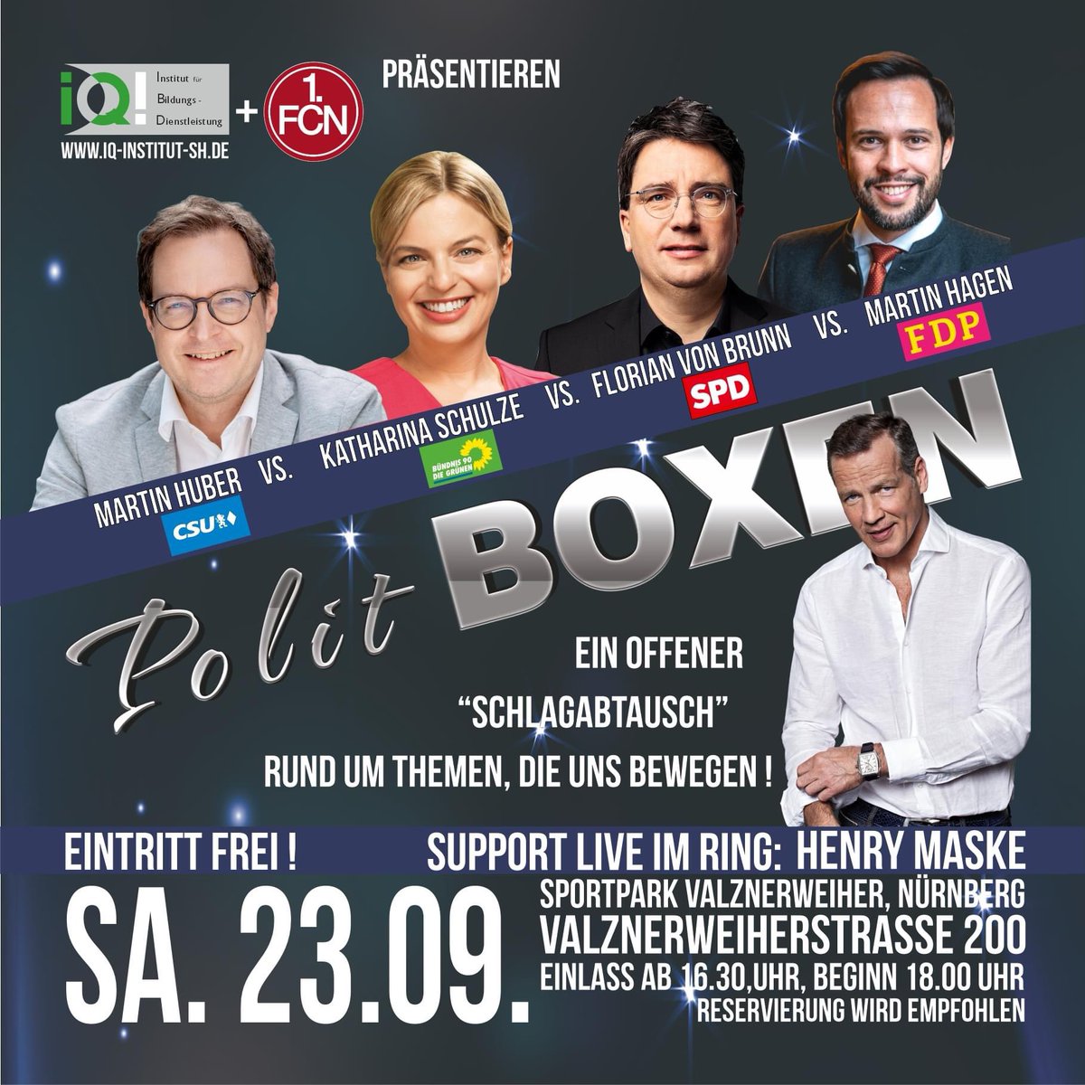 Klasse Veranstaltung Club meets Politik! Die Club-Boxer lassen die Parteien in den Ring steigen und gegeneinander mit Argumenten kämpfen, die Zuschauer bestimmen die Themen!  Samstag 23.09. 👌💪😎👍
Infos unter box-club-fcn.de
#fcn #boxen #politboxen <a href="/1_fc_nuernberg/">1. FC Nürnberg</a>