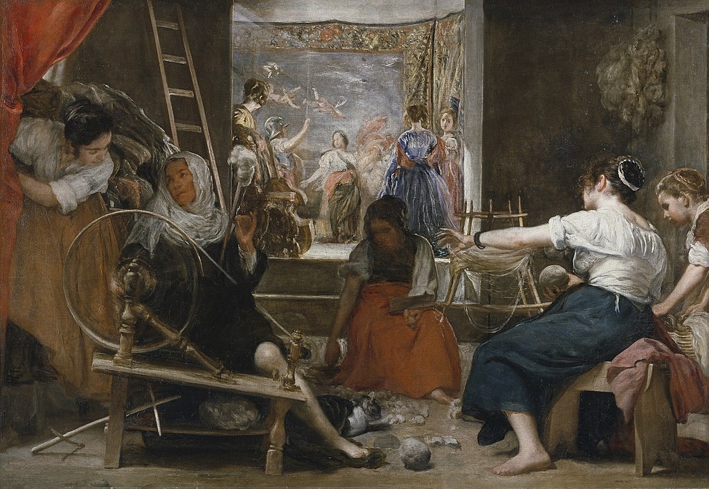 artinsociety's tweet photo. In 1657, Diego Velázquez achieved the first convincing illusion of speed by reproducing the blur of a spinning wheel. In effect, he reproduces what we perceive (a blur), rather than what we know to be there (individual spokes) (The Spinners, or The Fable of Arachne, Prado) https://t.co/Ww02EB5XJP