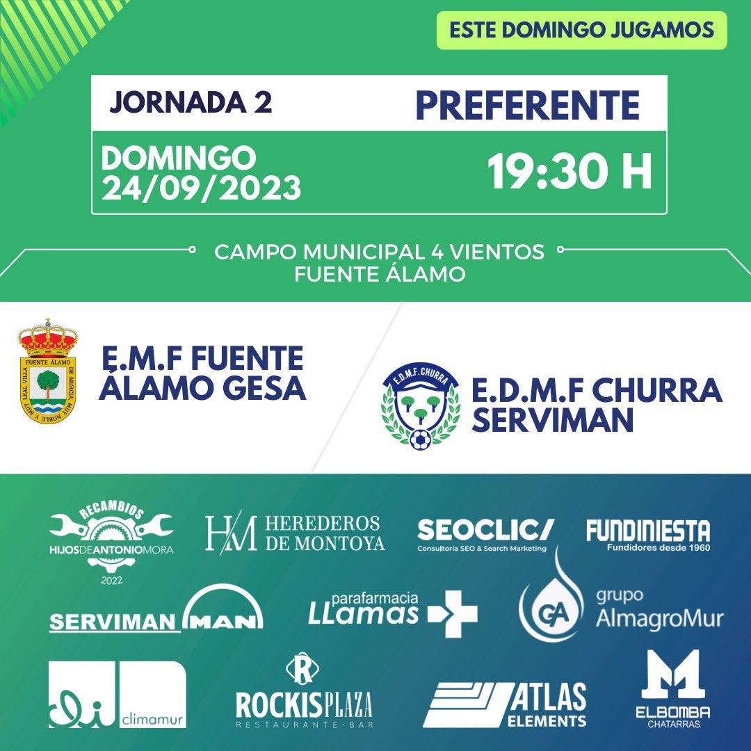 🔥⚽ ¡La emoción del fútbol está de regreso en Fuente Álamo! ⚽🔥

📍 Ubicación: Campo Municipal de 4 Vientos, Fuente Álamo
📆 Fecha: Este domingo
⏰ Hora: 19:30

¿Por qué no puedes perdértelo?
👟 Acción ininterrumpida en el campo
🏆 Un paso más hacia la gloria de la Preferente