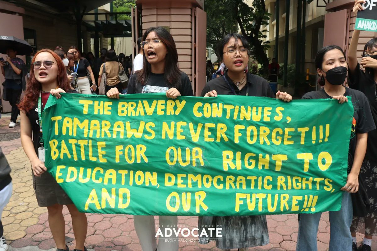 FEUAdvocate's tweet photo. #ICYMI: Far Eastern University (FEU) student-activists gather outside FEU Gate 4 before they march to Martial Law Commemoration rally at Liwasang Bonifacio today, September 21. https://t.co/6mtonEIYgK