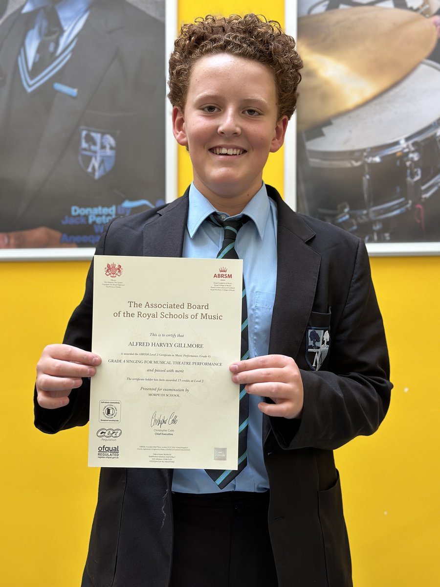Congratulations to Alfie on passing his #ABRSM #singingformusicaltheatre exam #grade4 #mycertificate 🎤🎼 <a href="/MorpethSch/">Morpeth School</a>